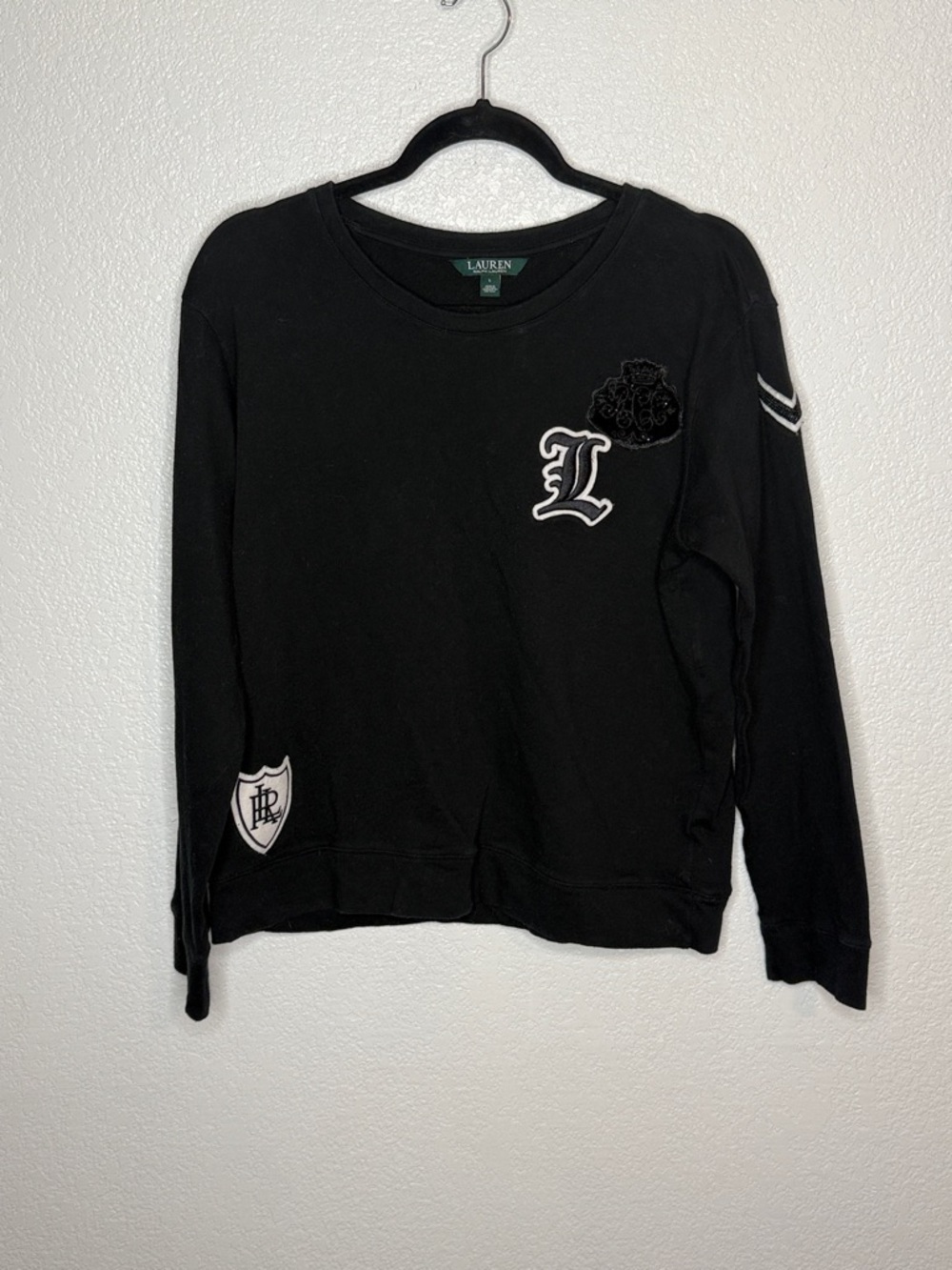 Lauren Ralph Lauren Black Monogram Patches Sweatshirt Size Large